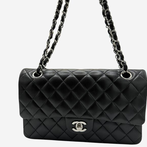 CHANEL Handbags - AUTHENTIC Chanel Medium Double Flap Black Lambskin w Silver Hardware from 2012